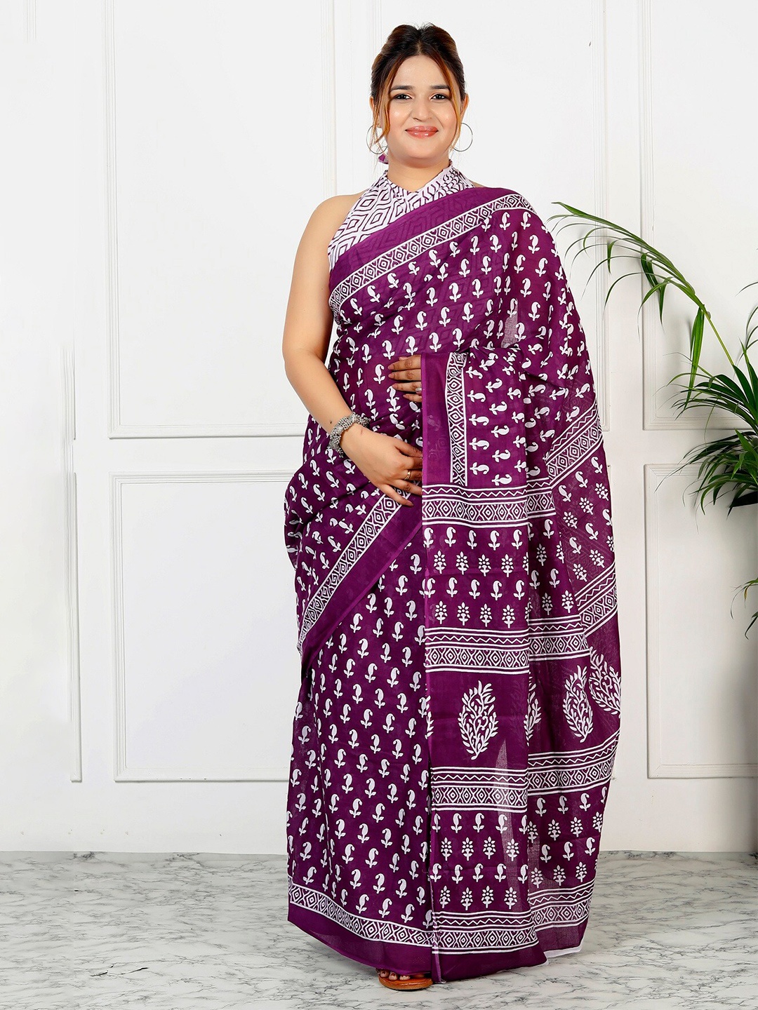 

JAIPURI BLOCK PRINT Paisley Printed Mulmul Cotton Ikat Saree, Lavender
