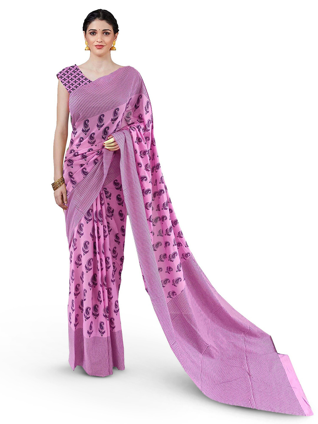 

JAIPURI BLOCK PRINT Paisley Printed Pure Cotton Block Print Saree, Pink
