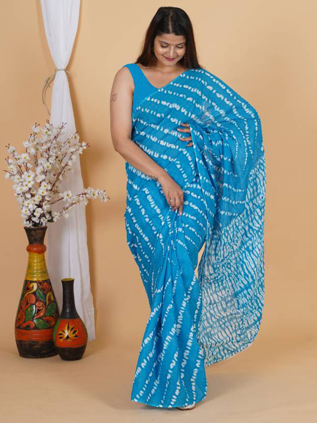 

JAIPURI BLOCK PRINT Leheriya Pure Cotton Bandhani Saree, Turquoise blue