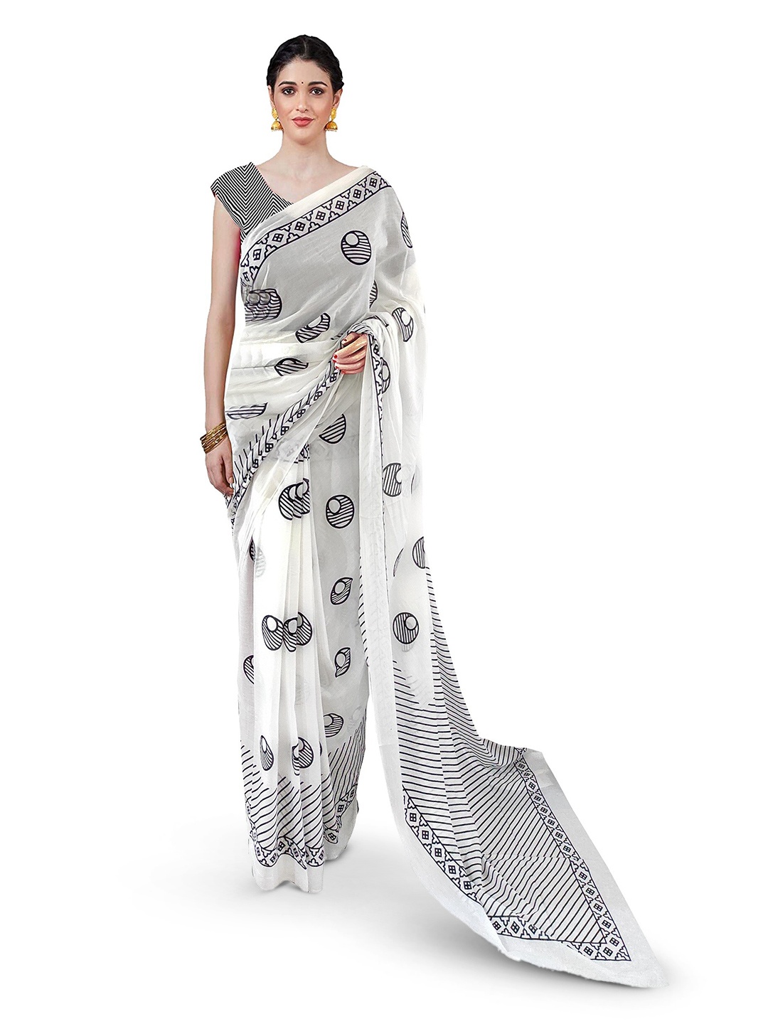 

JAIPURI BLOCK PRINT Polka Dot Printed Pure Cotton Block Print Saree, White