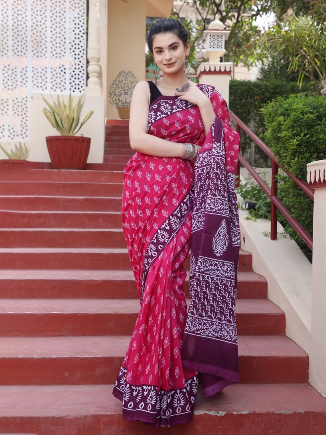 

JAIPURI BLOCK PRINT Floral Printed Pure Cotton Block Print Saree, Pink