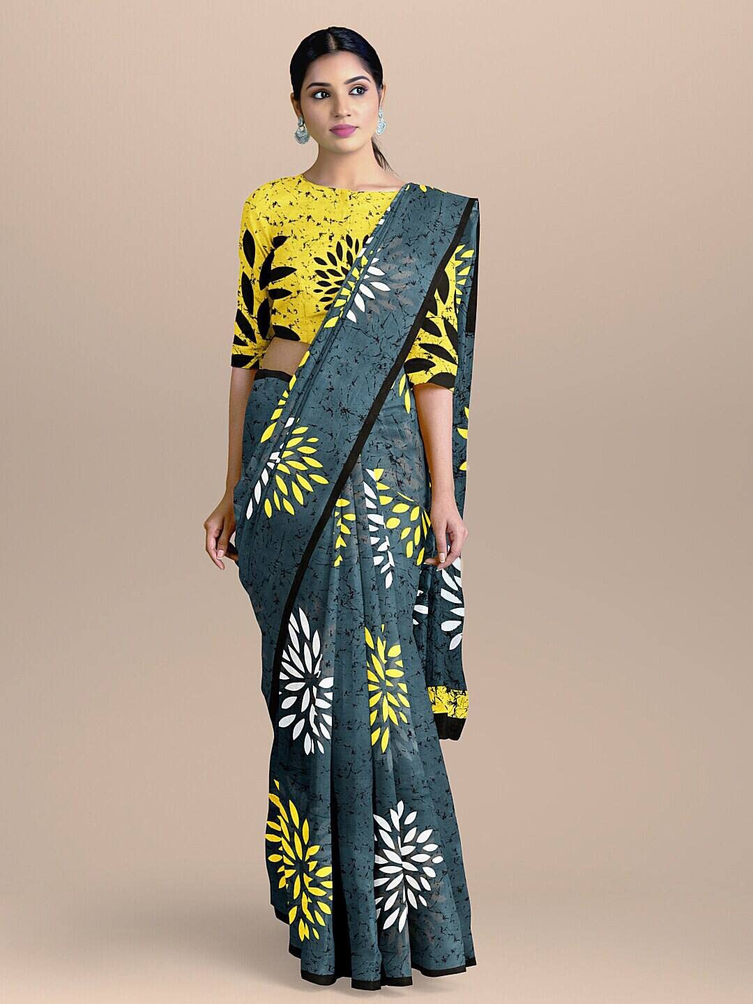 

JAIPURI BLOCK PRINT Floral Pure Cotton Bagru Saree, Blue