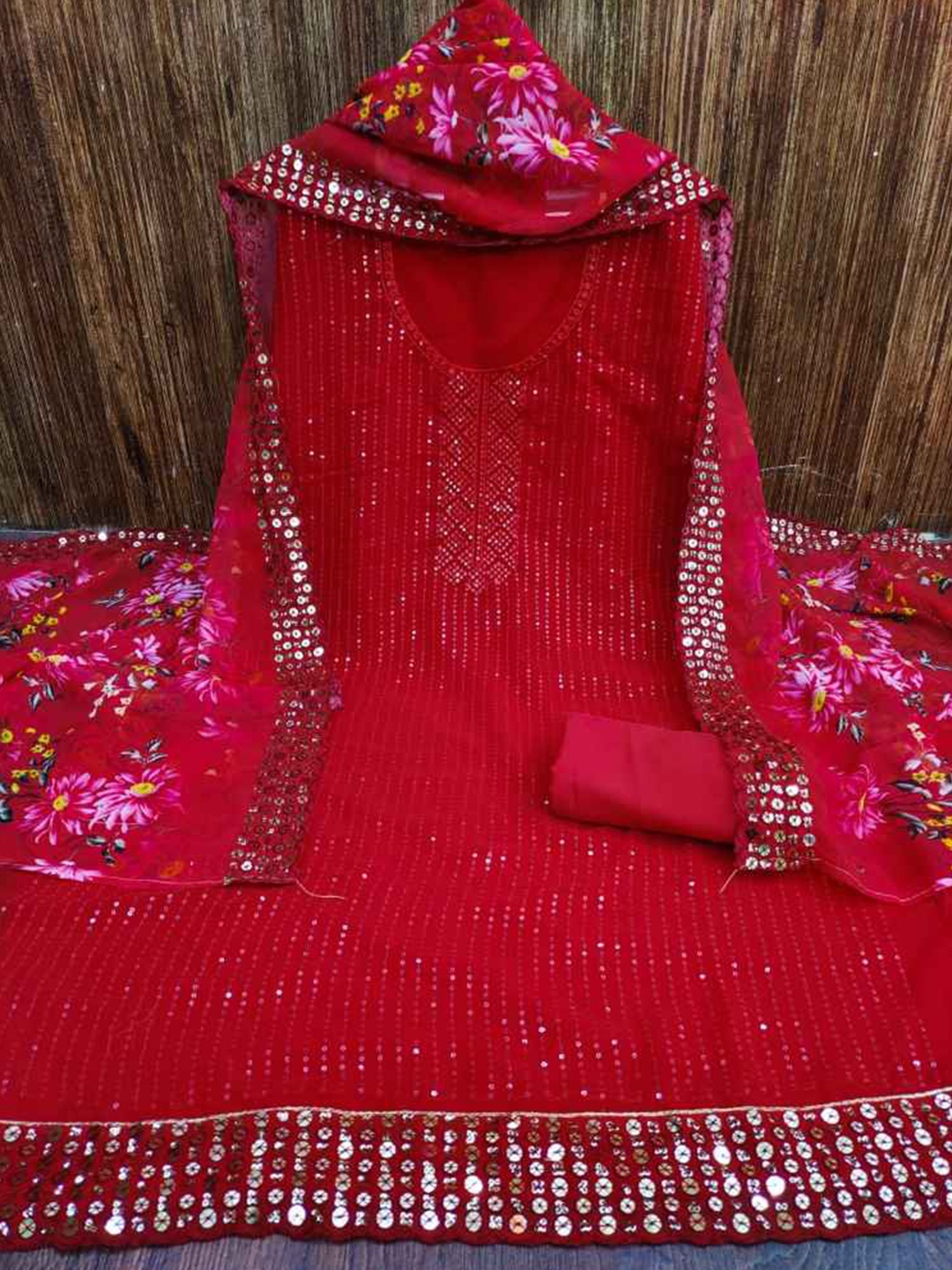 

faxofab Embroidered Unstitched Dress Material, Red