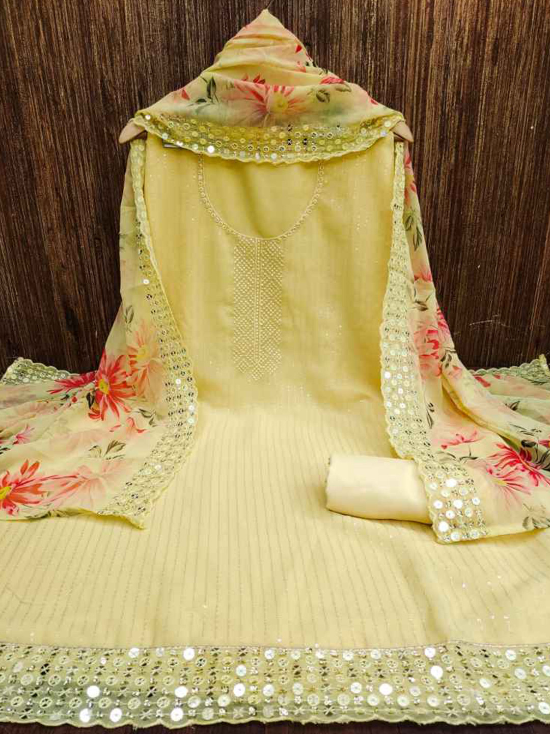 

faxofab Embroidered Unstitched Dress Material, Yellow