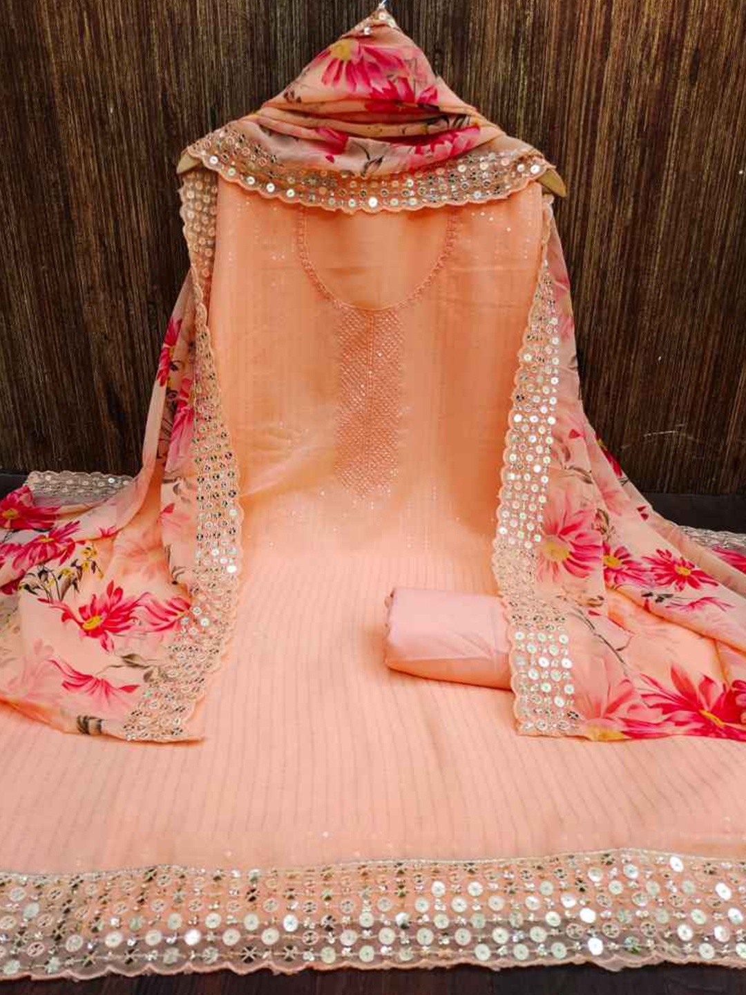 

faxofab Embroidered Unstitched Dress Material, Peach