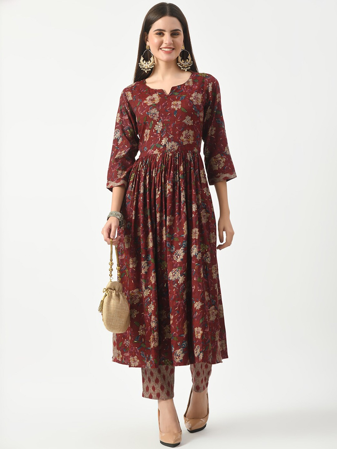 

Akshatani Floral Printed Notch Neck A-Line Kurta With Trouser, Maroon