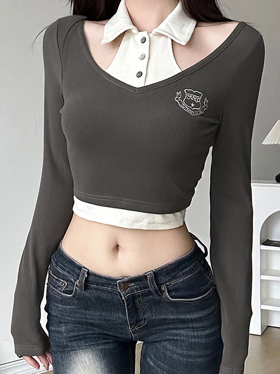 

LULU & SKY Shirt Collar Cotton Crop Top, Grey