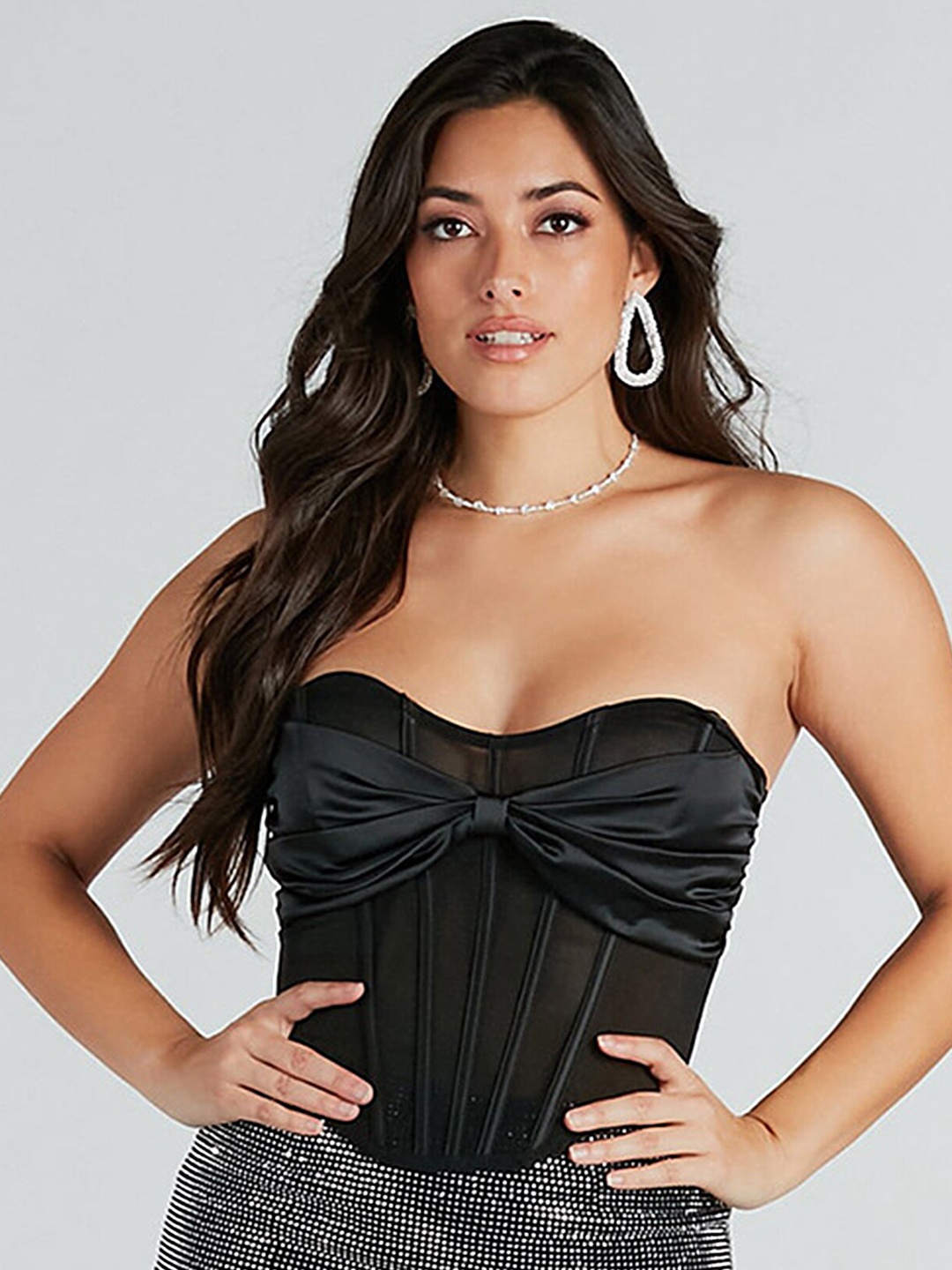 

LULU & SKY Bow Detail Strapless Corset Crop Top, Black