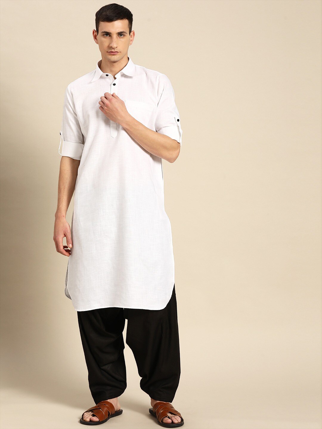 

RAJUBHAI HARGOVINDAS Self Design Textured Pure Cotton Pathani Kurta With Salwar, White