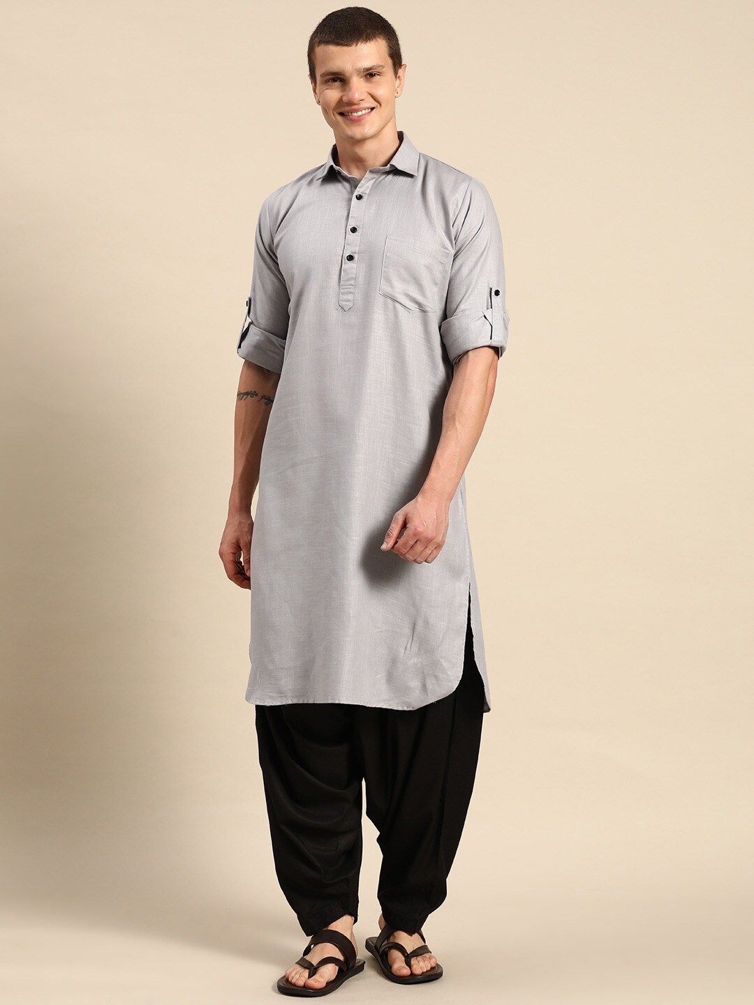 

RAJUBHAI HARGOVINDAS Self Design Textured Pure Cotton Pathani Kurta With Salwar, Grey