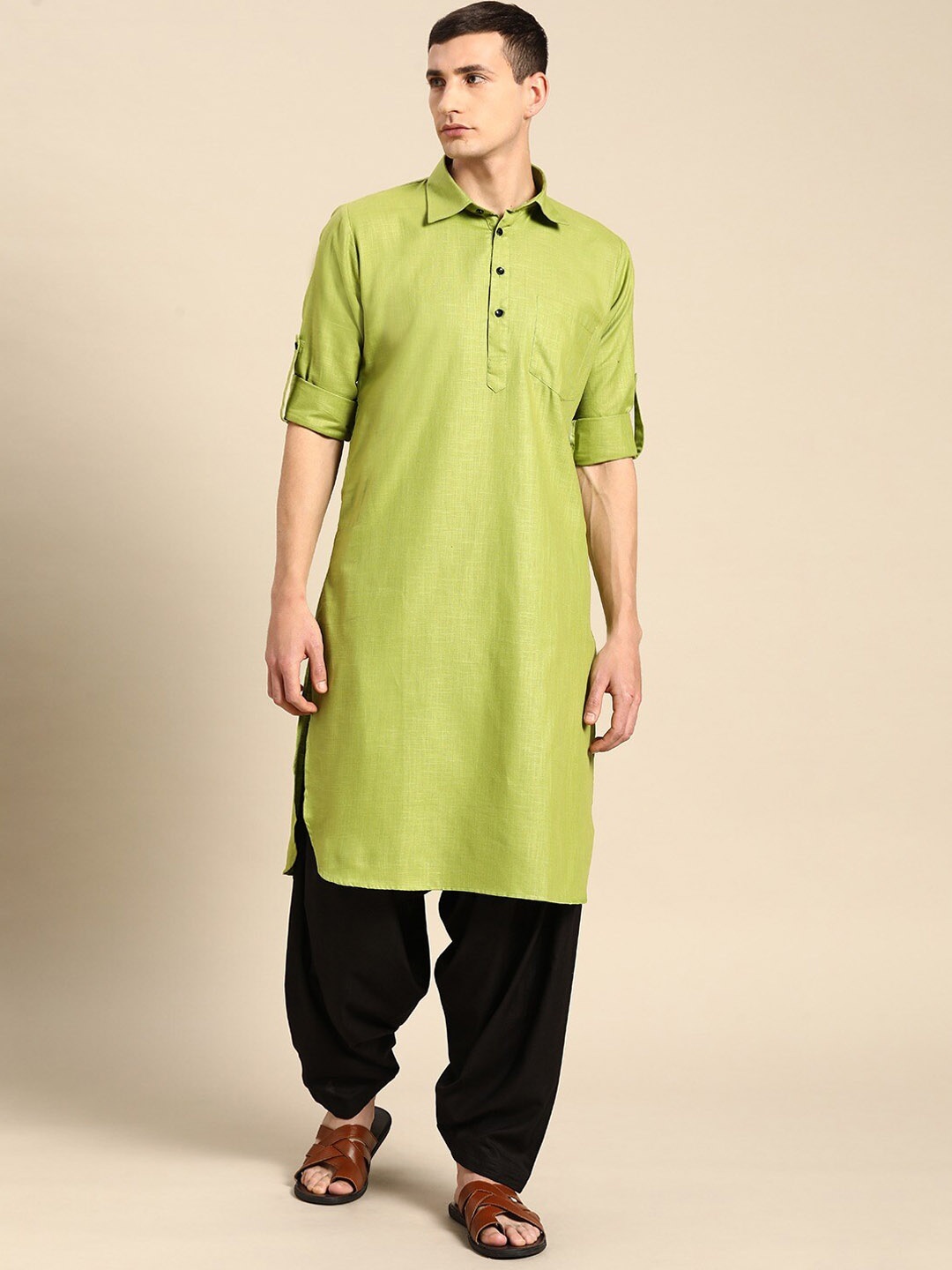 

RAJUBHAI HARGOVINDAS Self Design Textured Pure Cotton Pathani Kurta With Salwar, Green