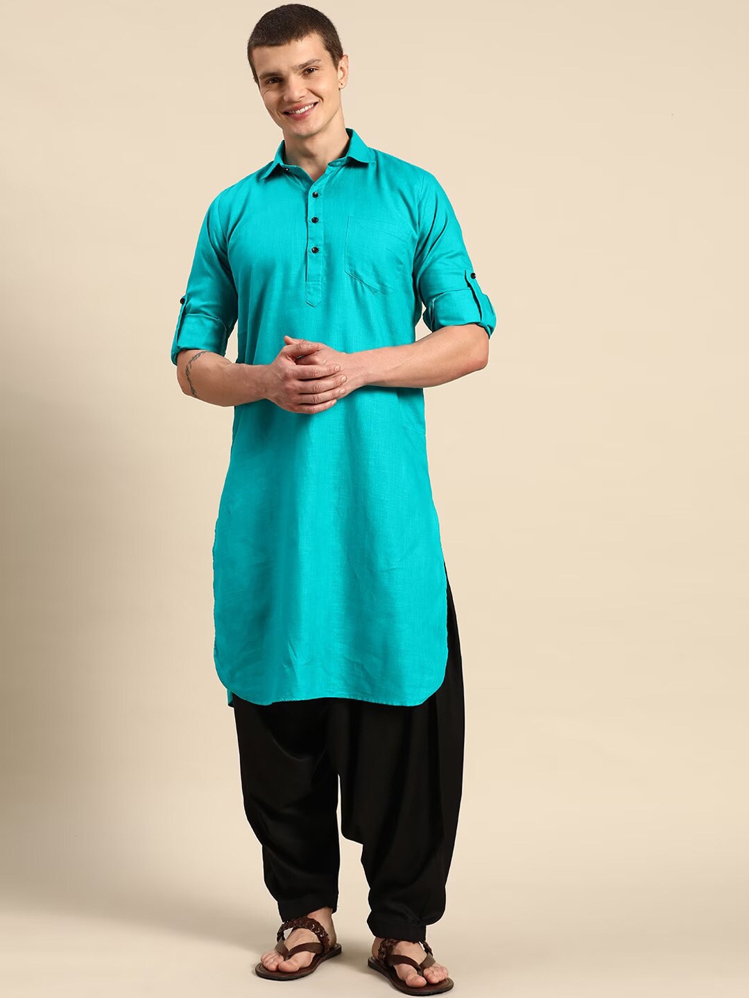 

RAJUBHAI HARGOVINDAS Self Design Textured Pure Cotton Pathani Kurta With Salwar, Blue