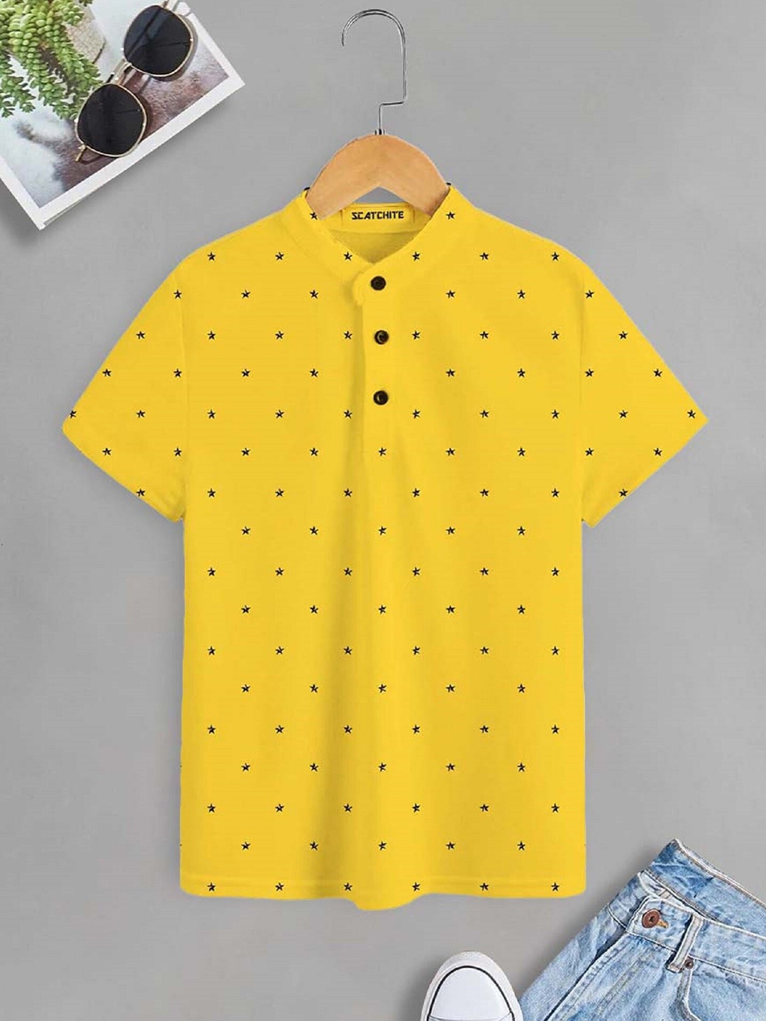

BAESD Boys Pack Of 2 Printed Henley Neck Short Sleeves Cotton T-shirts, Yellow
