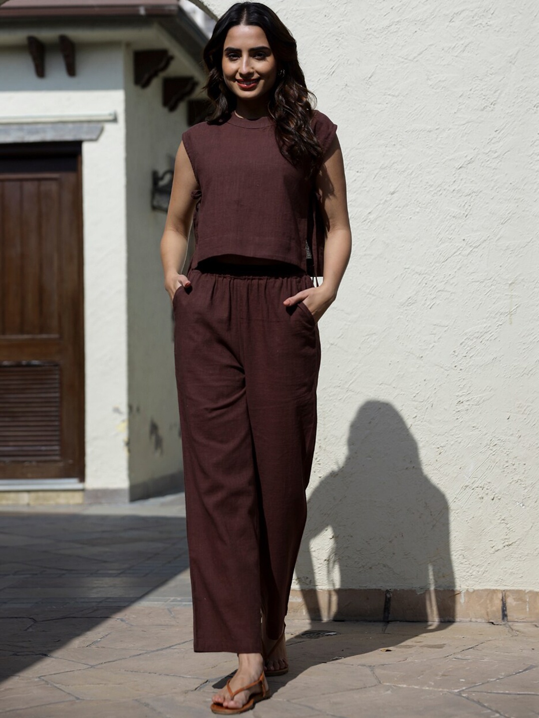 

SANSKRUTIHOMES Round Neck Pure Cotton Top With Flared Trouser, Brown