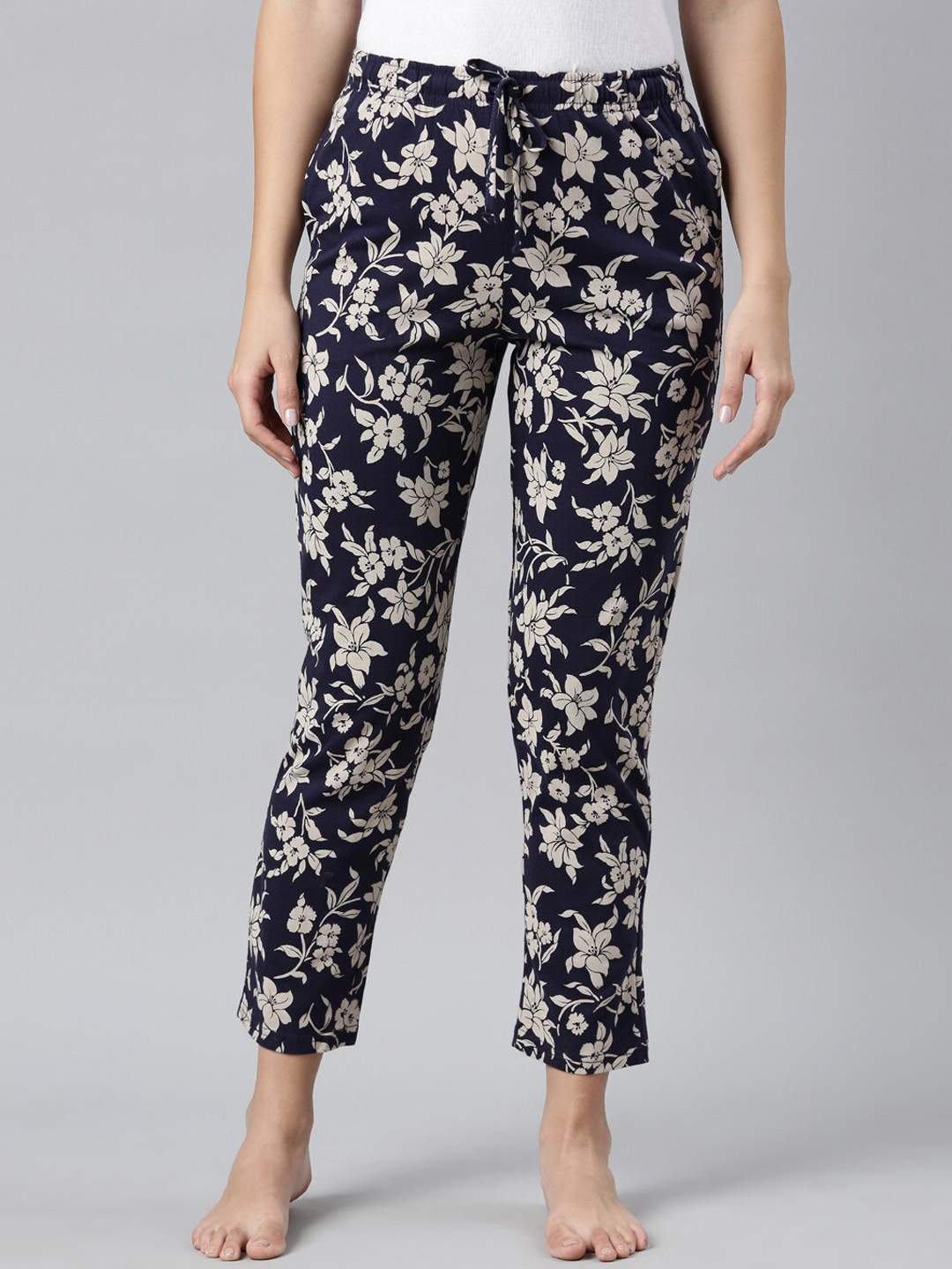 

Go Colors Women Floral Printed Cotton Mid-Rise Lounge Pants, Navy blue