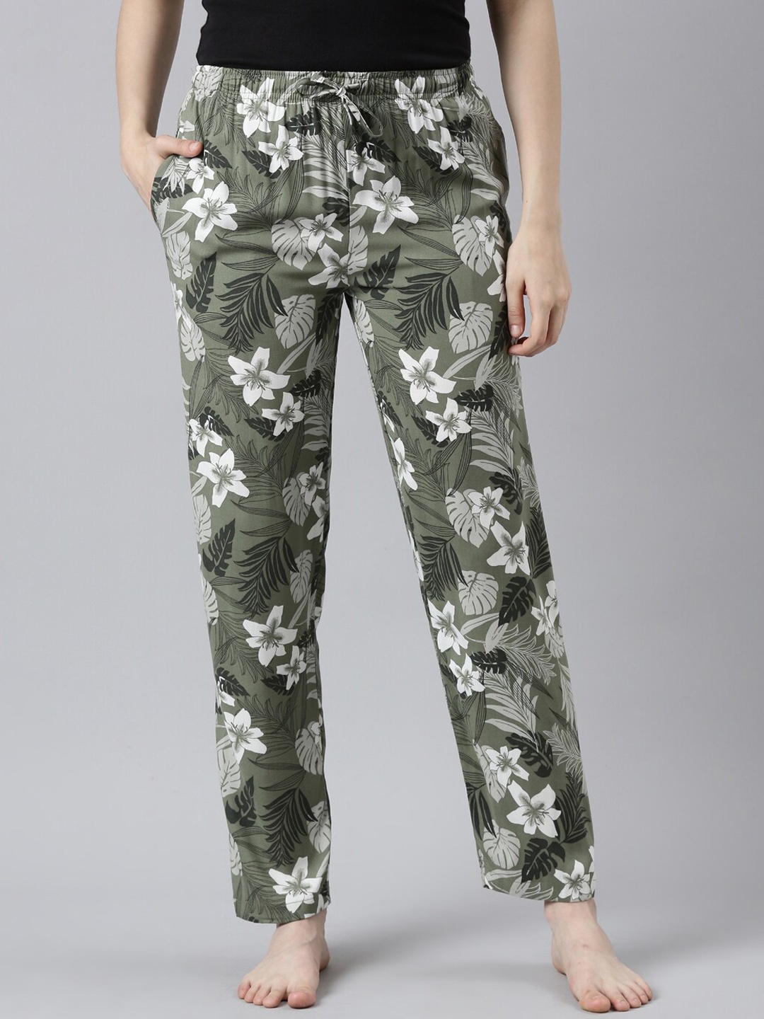 

Go Colors Women Floral Printed Mid-Rise Lounge Pants, Olive
