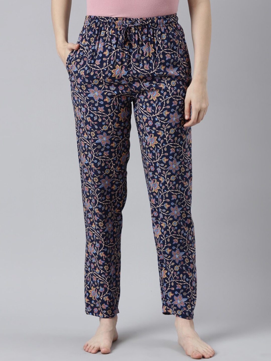 

Go Colors Women Floral Printed Mid-Rise Lounge Pants, Navy blue