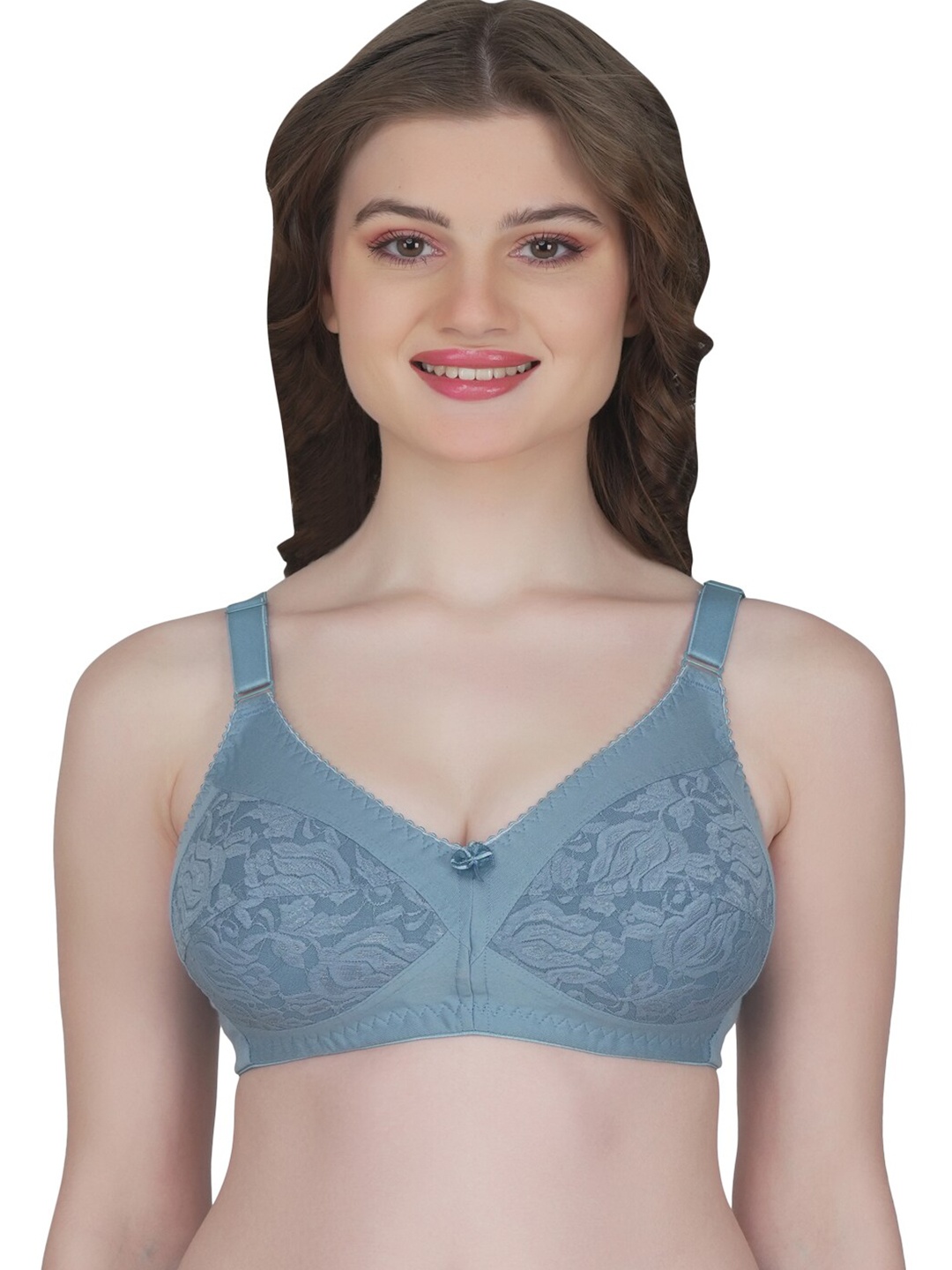 

Eve's Beauty Floral Lace Full Coverage Non Padded Minimizer Bra- All Day Comfort, Turquoise blue