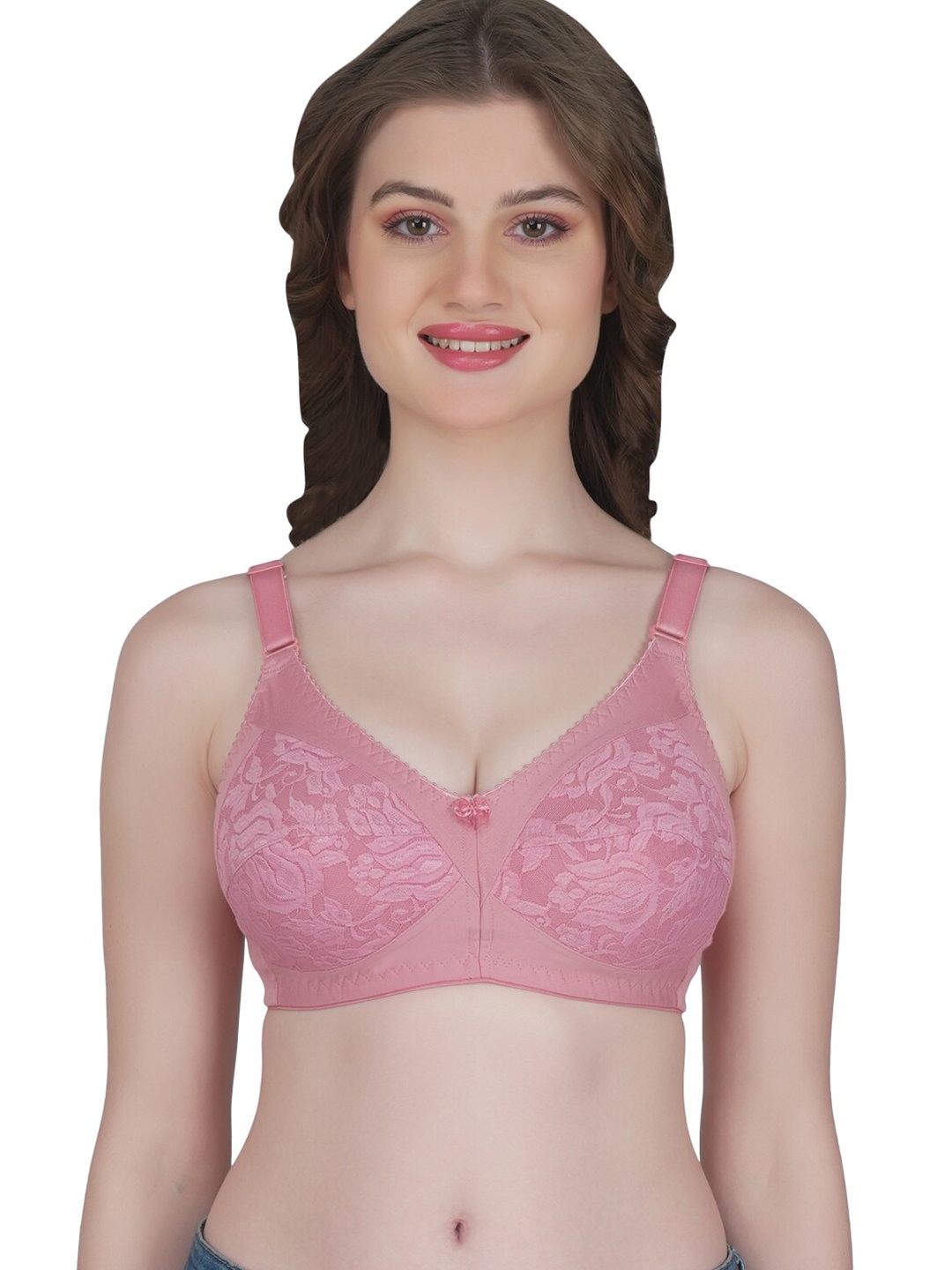 

Eve's Beauty Floral Full Coverage Non Padded Lace Minimizer Bra With All Day Comfort, Pink