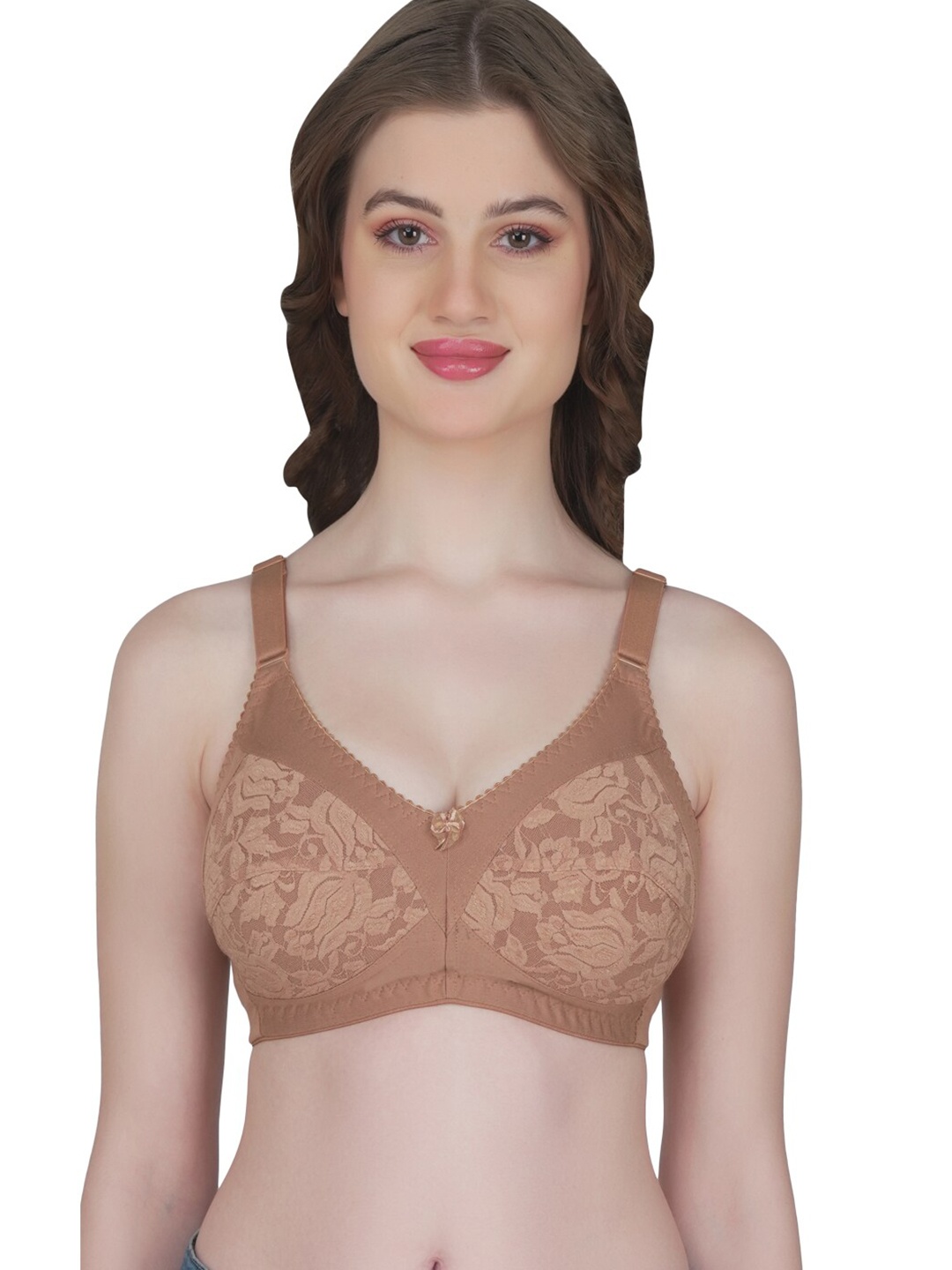 

Eve's Beauty Floral Full Coverage Non Padded Lace Minimizer Bra With All Day Comfort, Brown