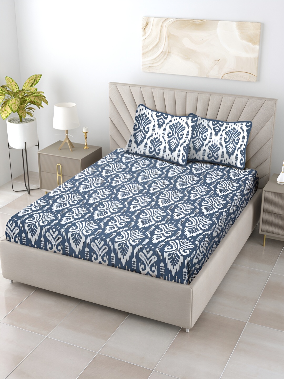 Aura White & Blue Floral 120 TC Cotton Queen Bedsheet With 2 Pillow Covers