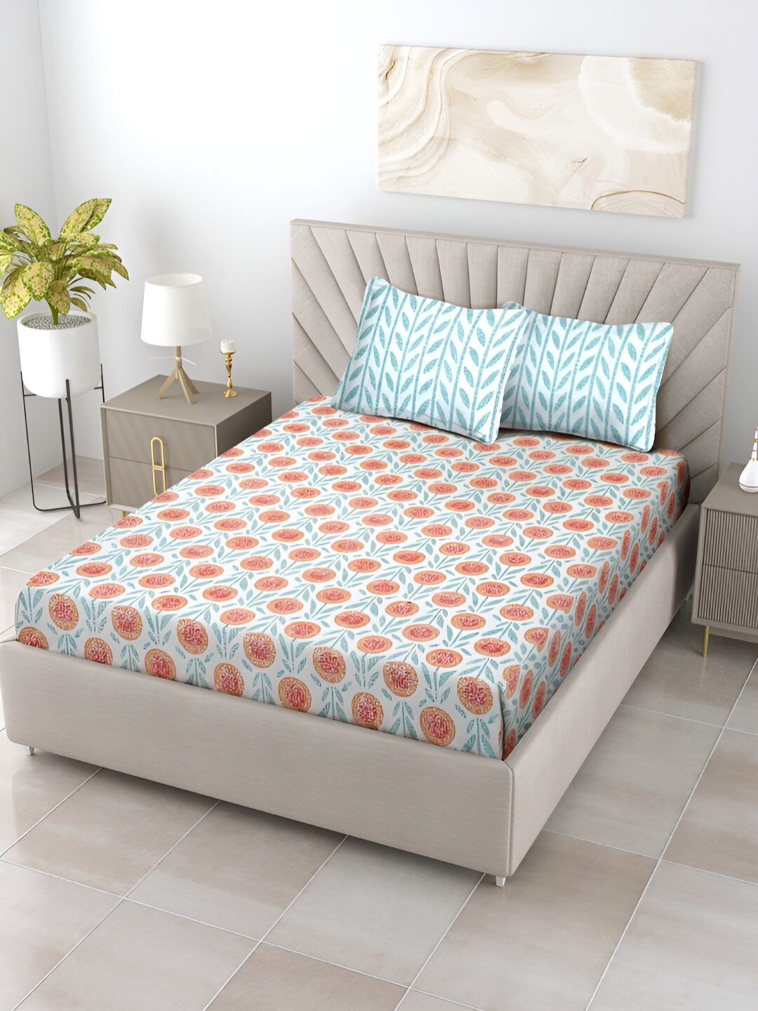 

Aura Sea Green & Orange Floral 120 TC Cotton Queen Bedsheet With 2 Pillow Covers