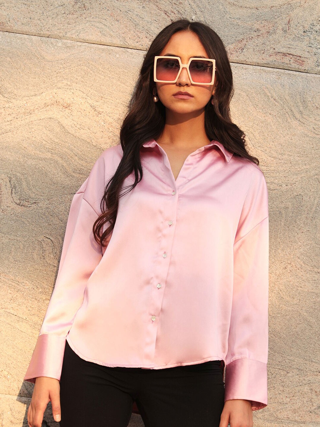 

PINACOLADA Drop-Shoulder Sleeves Satin New Opaque Boxy Shirt, Pink