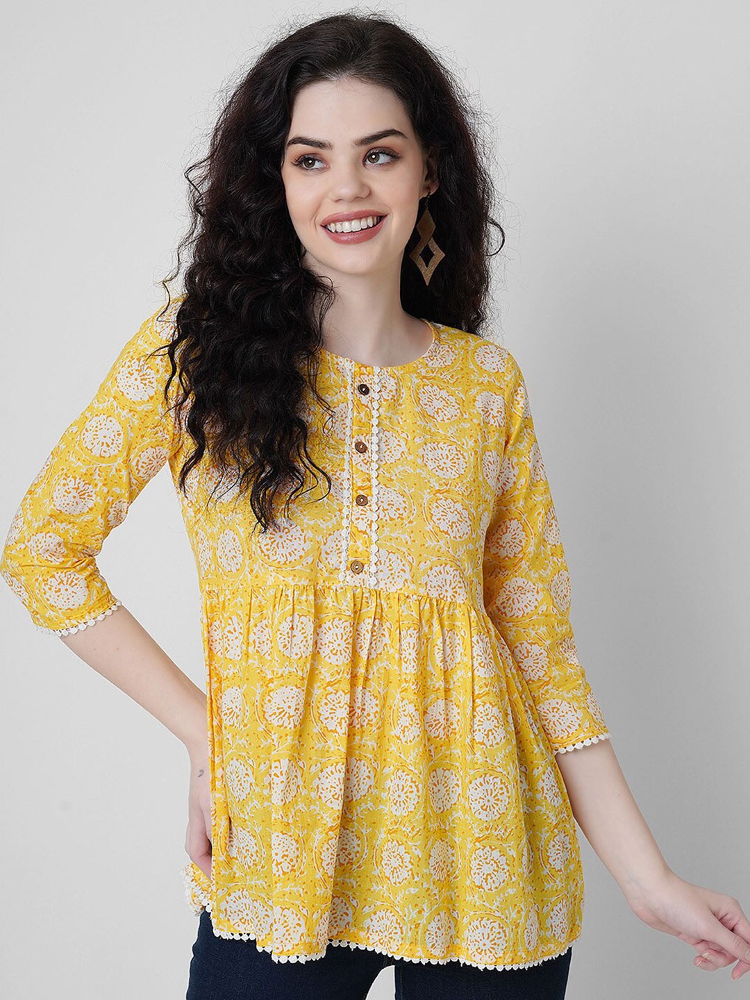 

Oash Floral Printed Round Neck Cotton Top, Mustard