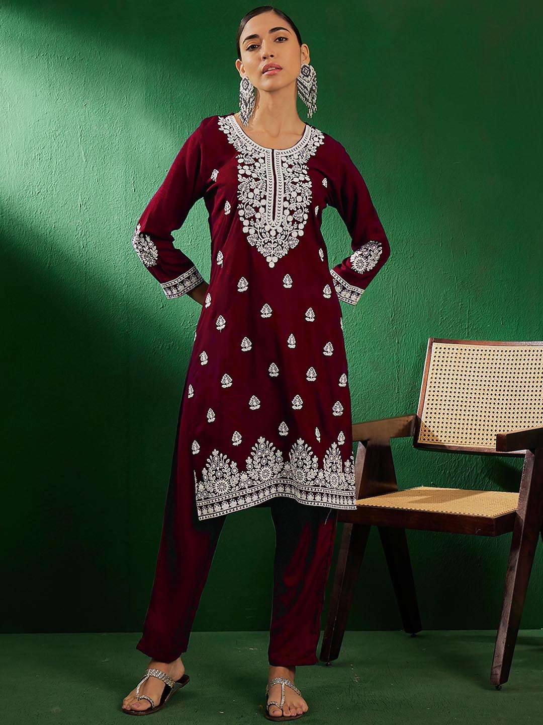 

Sangria Maroon Floral Embroidered Thread Work Kurta & Trousers