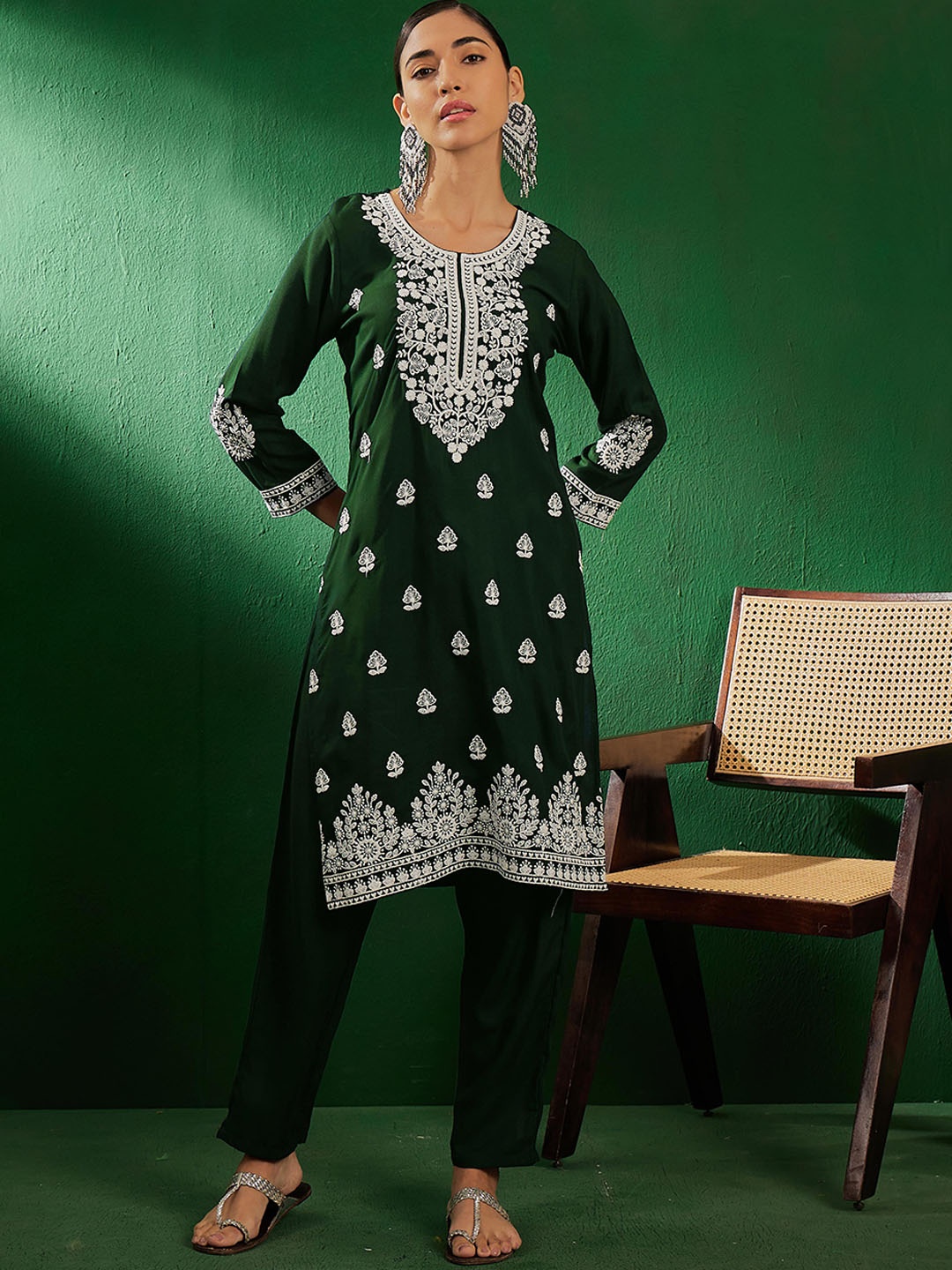 Sangria Green Floral Embroidered Thread Work Kurta & Trousers
