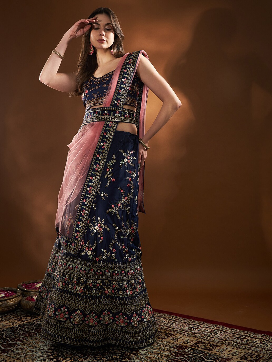 

THE52 Embroidered Thread Work Semi-Stitched Lehenga & Unstitched Blouse With Dupatta, Blue