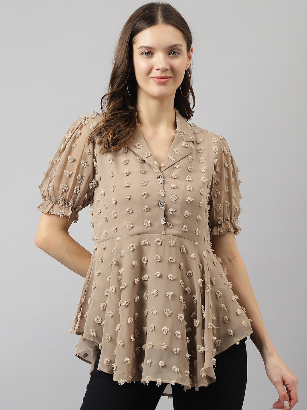 

BAESD Shirt Collar Puff Sleeve High-Low Top, Brown