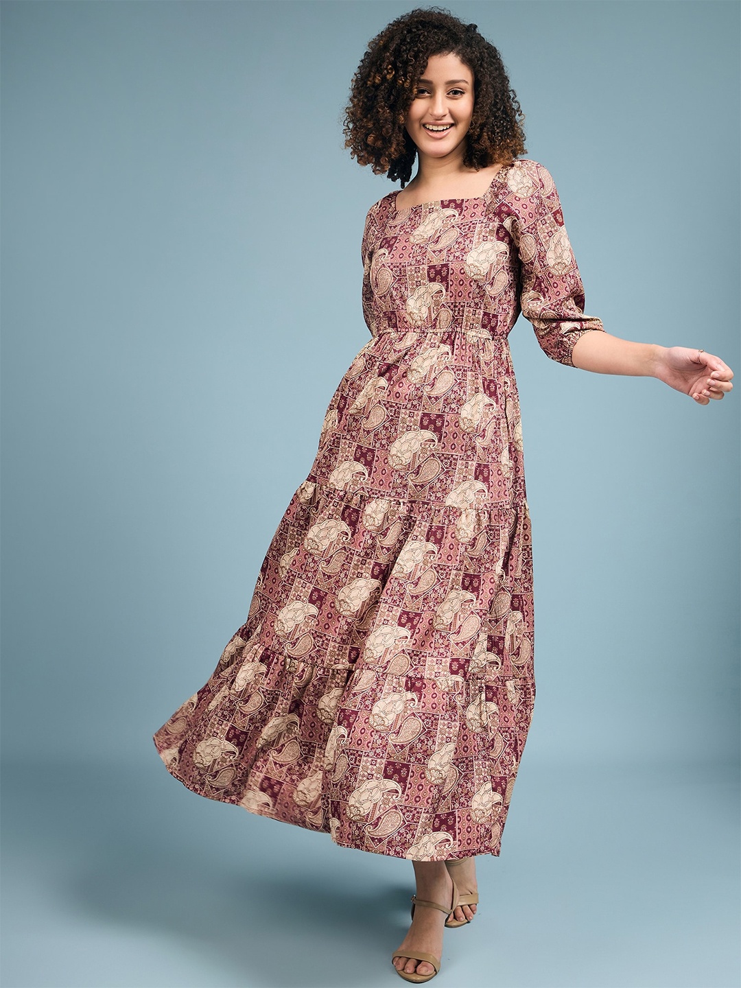 

DressBerry Maroon Ethnic Motifs Printed Square Neck Puff Sleeves Maxi Dress