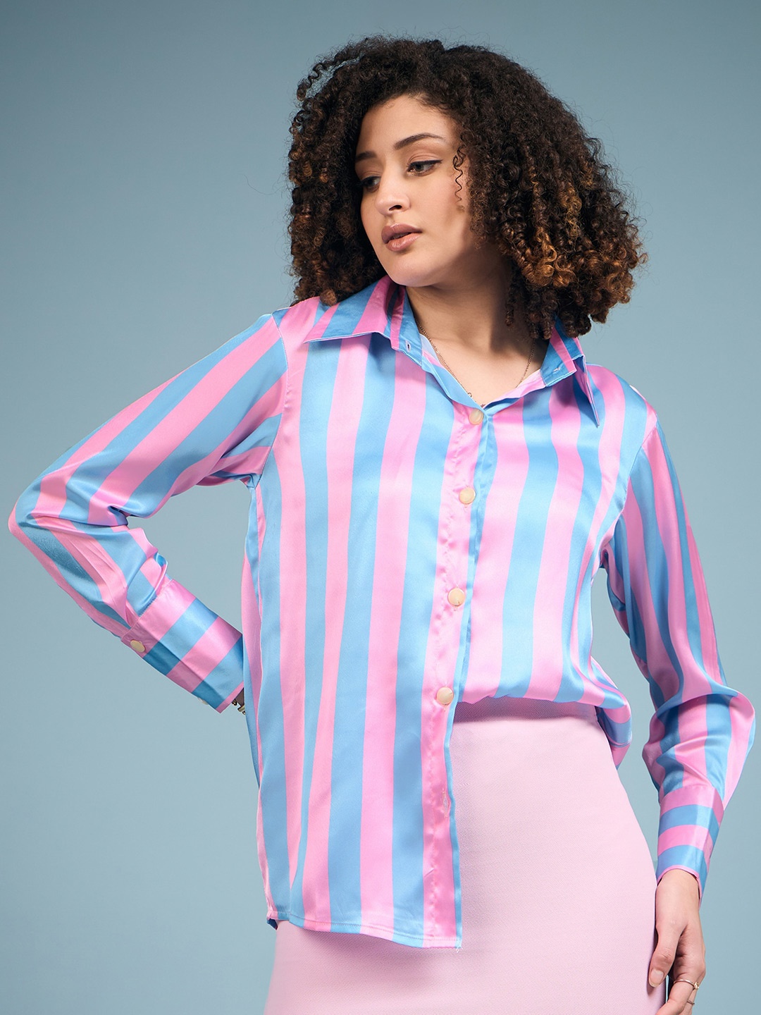 

DressBerry Blue & Pink Relaxed Vertical Striped Satin Casual Shirt