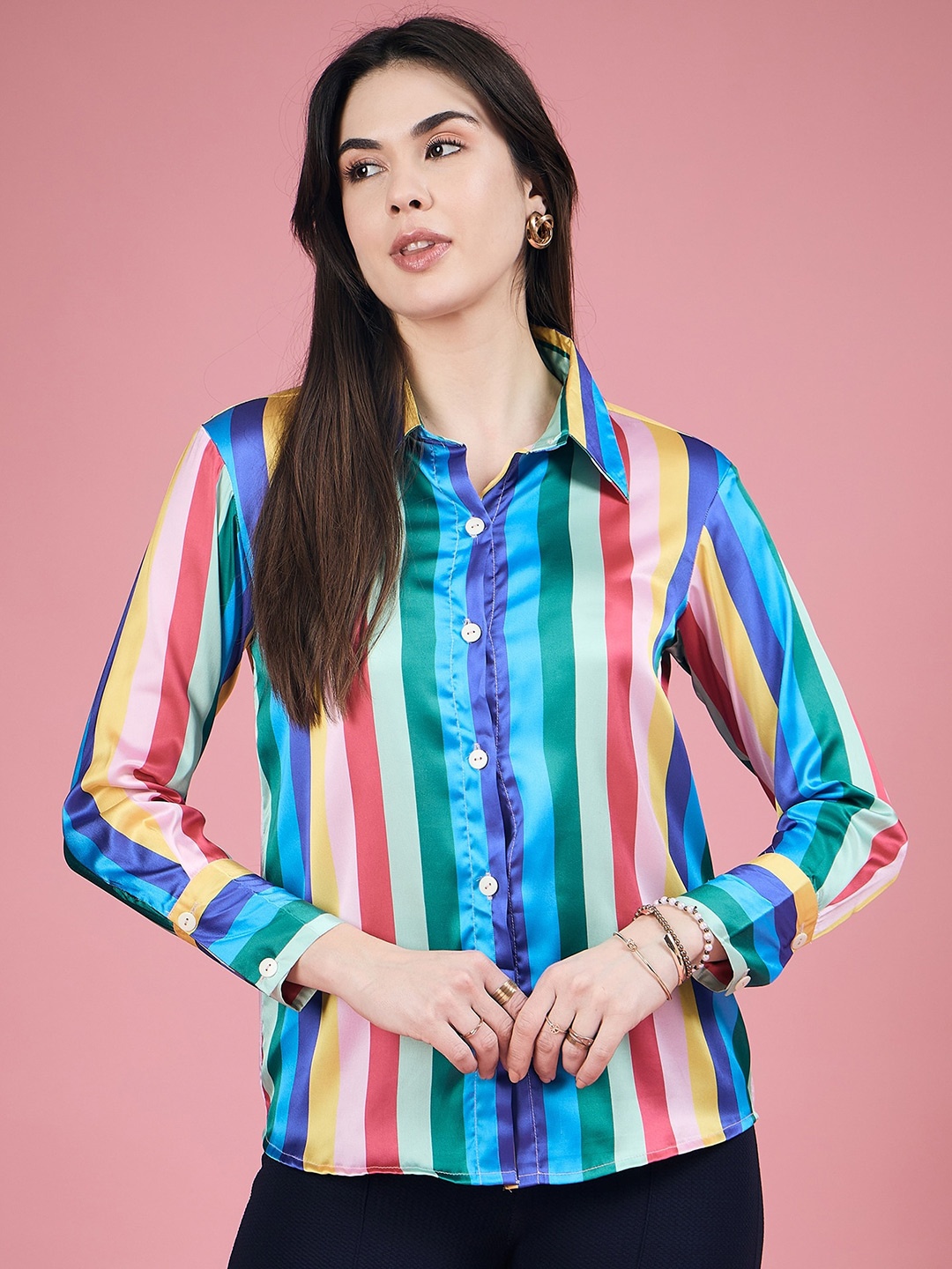 

DressBerry Blue & Green Relaxed Vertical Striped Satin Casual Shirt