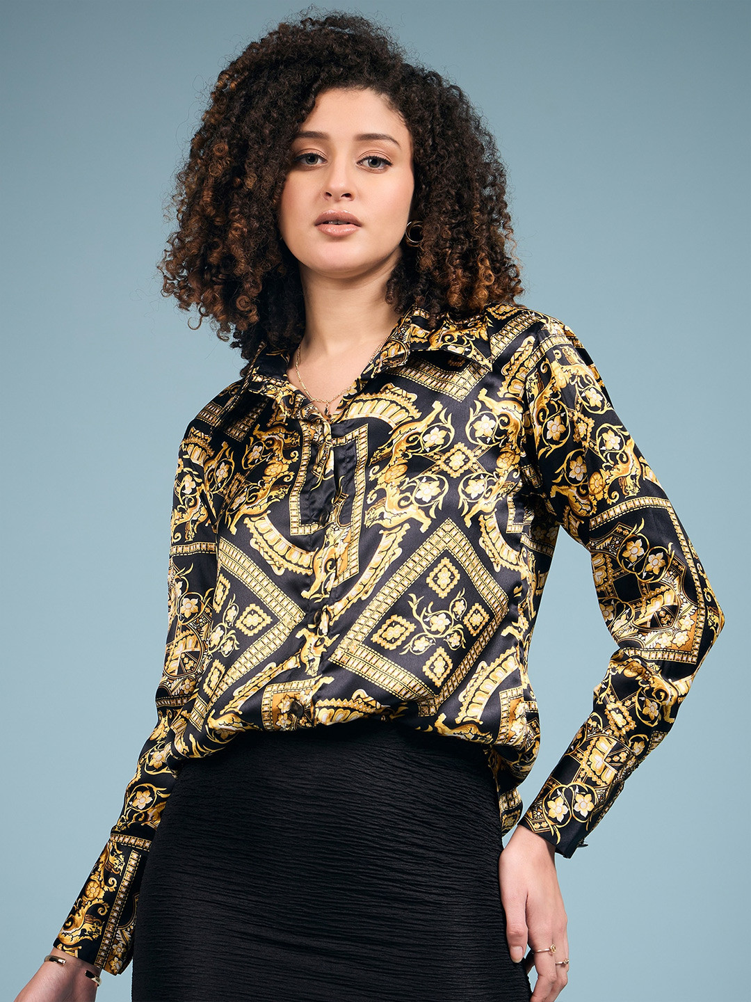 

DressBerry Black & Yellow Classic Graphic Printed Satin Casual Shirt