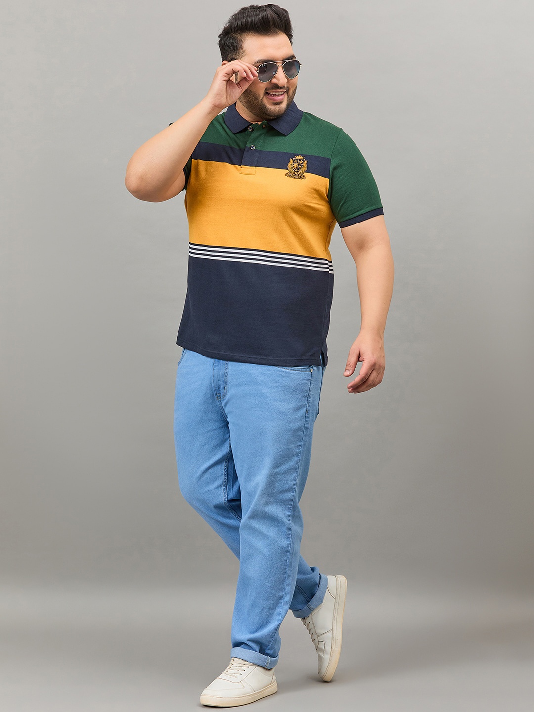 

AUSTIVO Colourblocked Cotton Polo Collar Short Sleeves Pockets Plus Size Casual T-shirt, Mustard