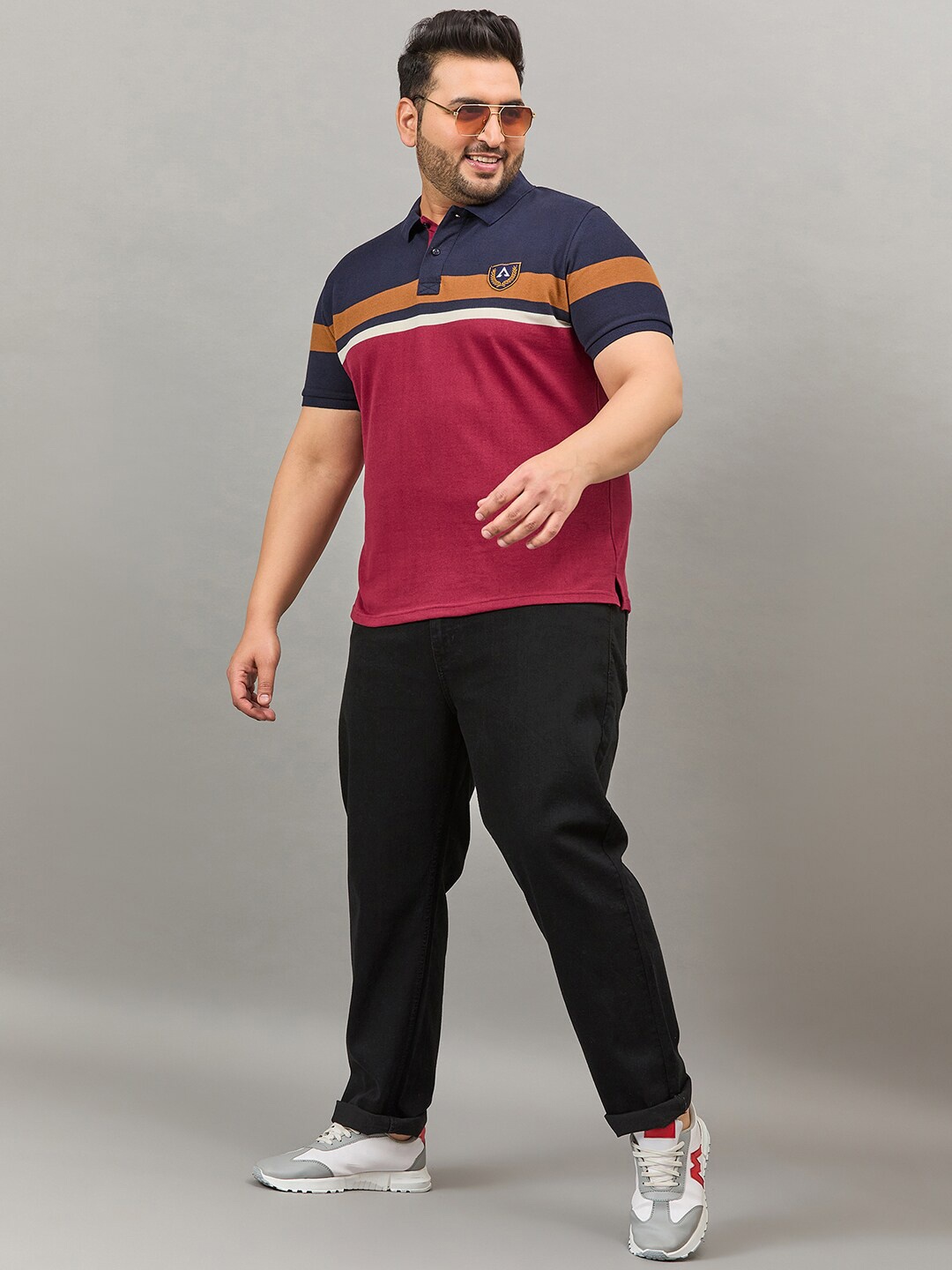 

AUSTIVO Colourblocked Cotton Polo Collar Short Sleeves Pockets Plus Size Casual T-shirt, Maroon