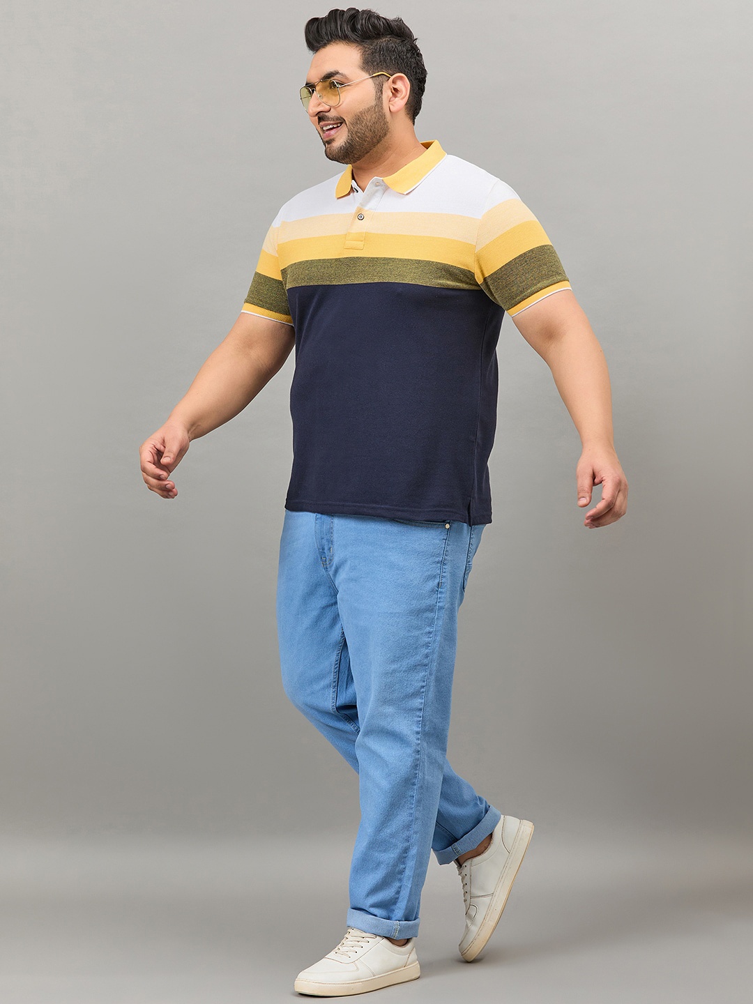 

AUSTIVO Colourblocked Cotton Polo Collar Short Sleeves Pockets Plus Size Casual T-shirt, Navy blue