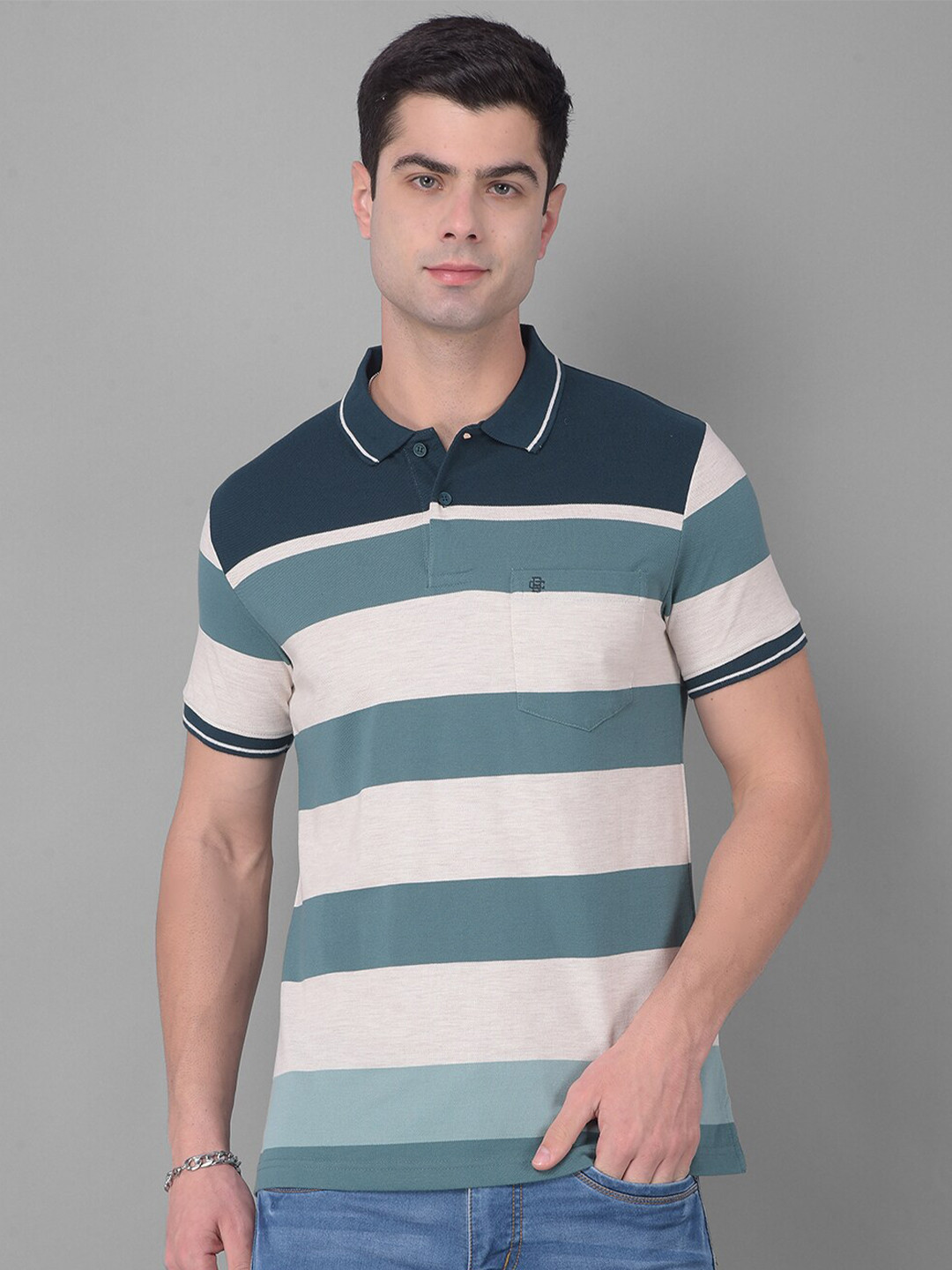 

COBB Polo Collar Short Sleeves Striped Regular Fit Cotton T-shirt, Teal