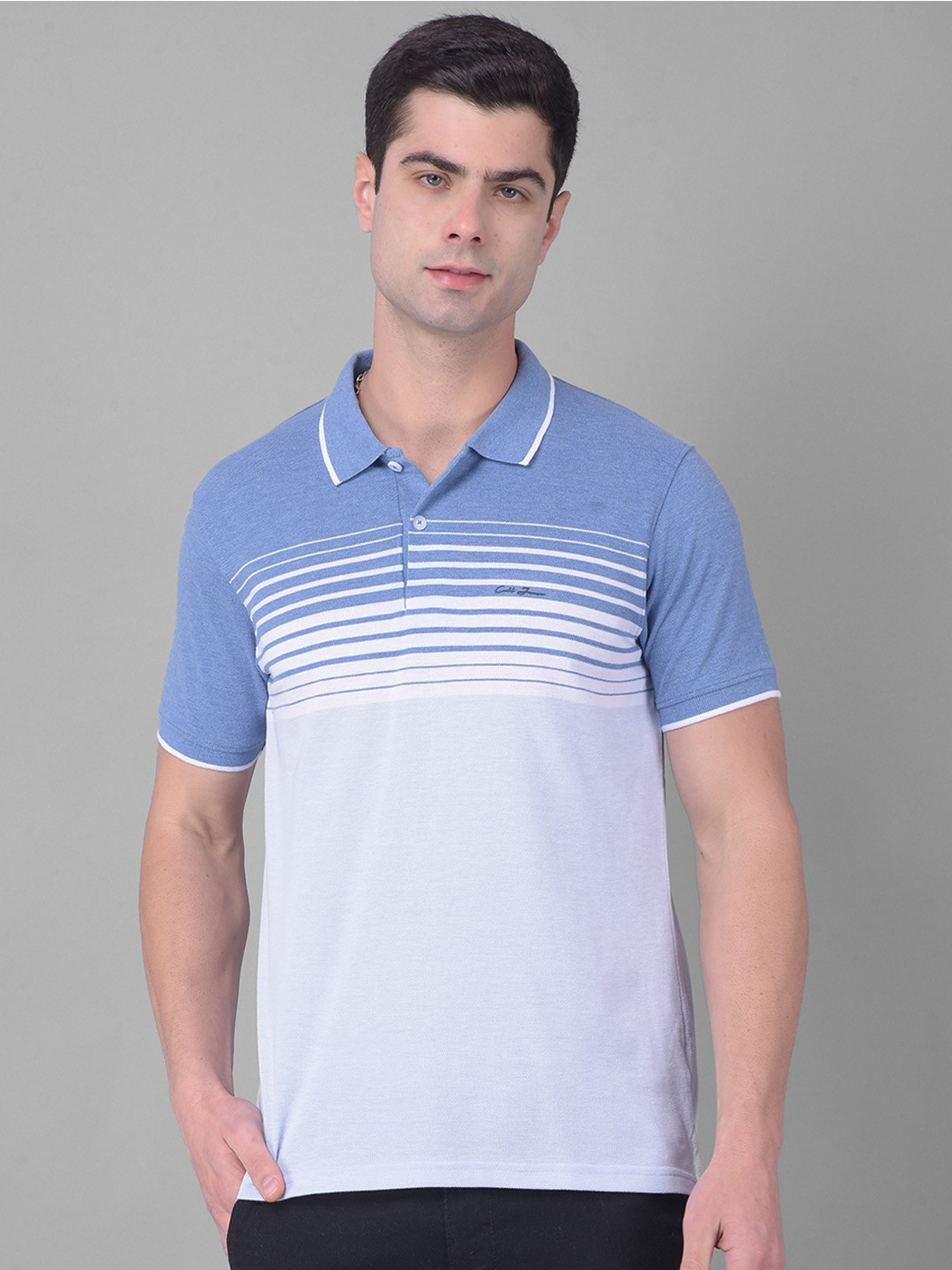 

COBB Polo Collar Short Sleeves Striped Cotton T-shirt, Blue