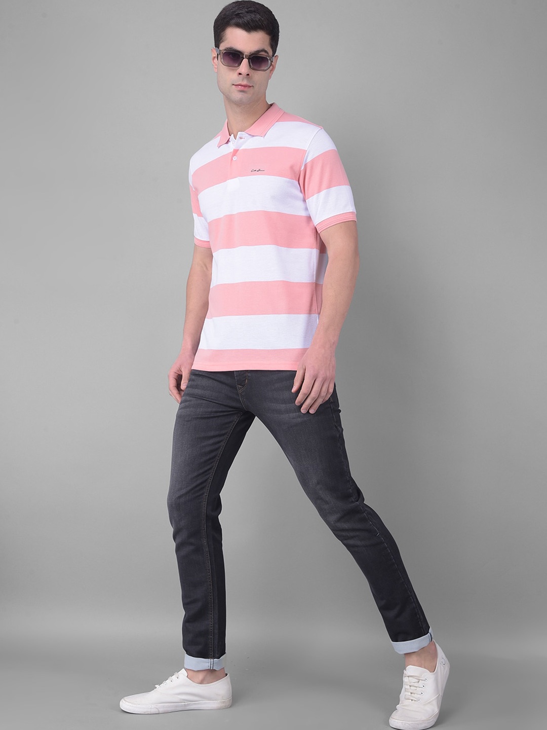 

COBB Polo Collar Short Sleeves Striped Cotton T-shirt, Peach