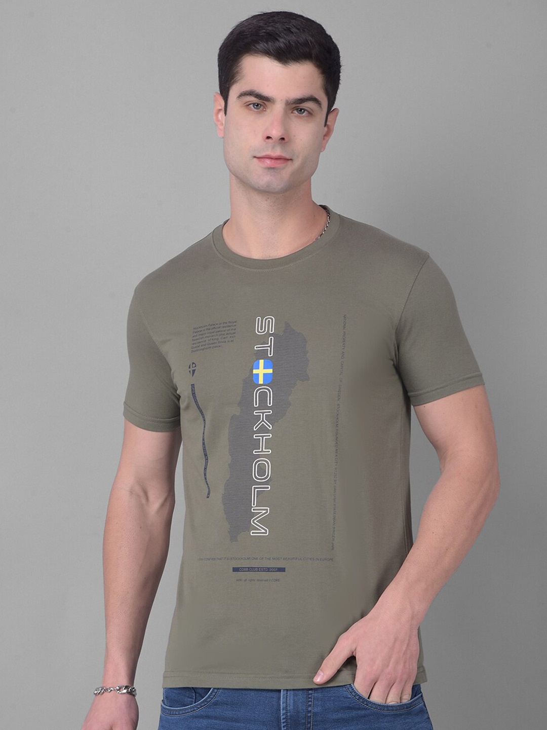 

COBB Round Neck Short Sleeves Printed Cotton T-shirt, Blue