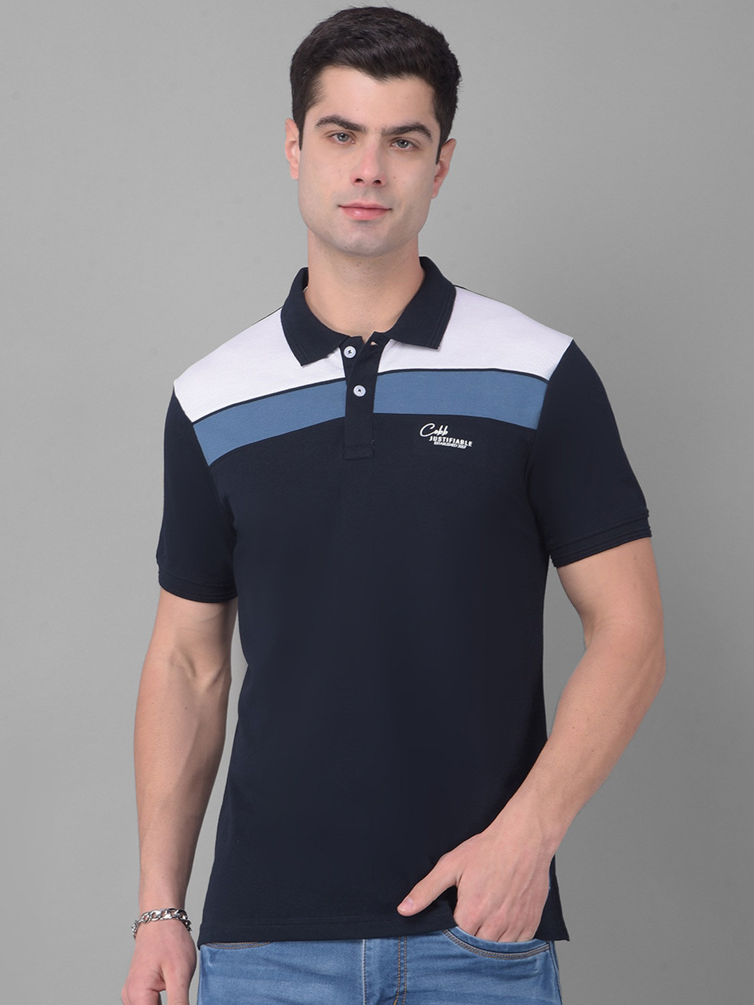 

COBB Striped Polo Collar Short Sleeves Cotton T-shirt, Navy blue