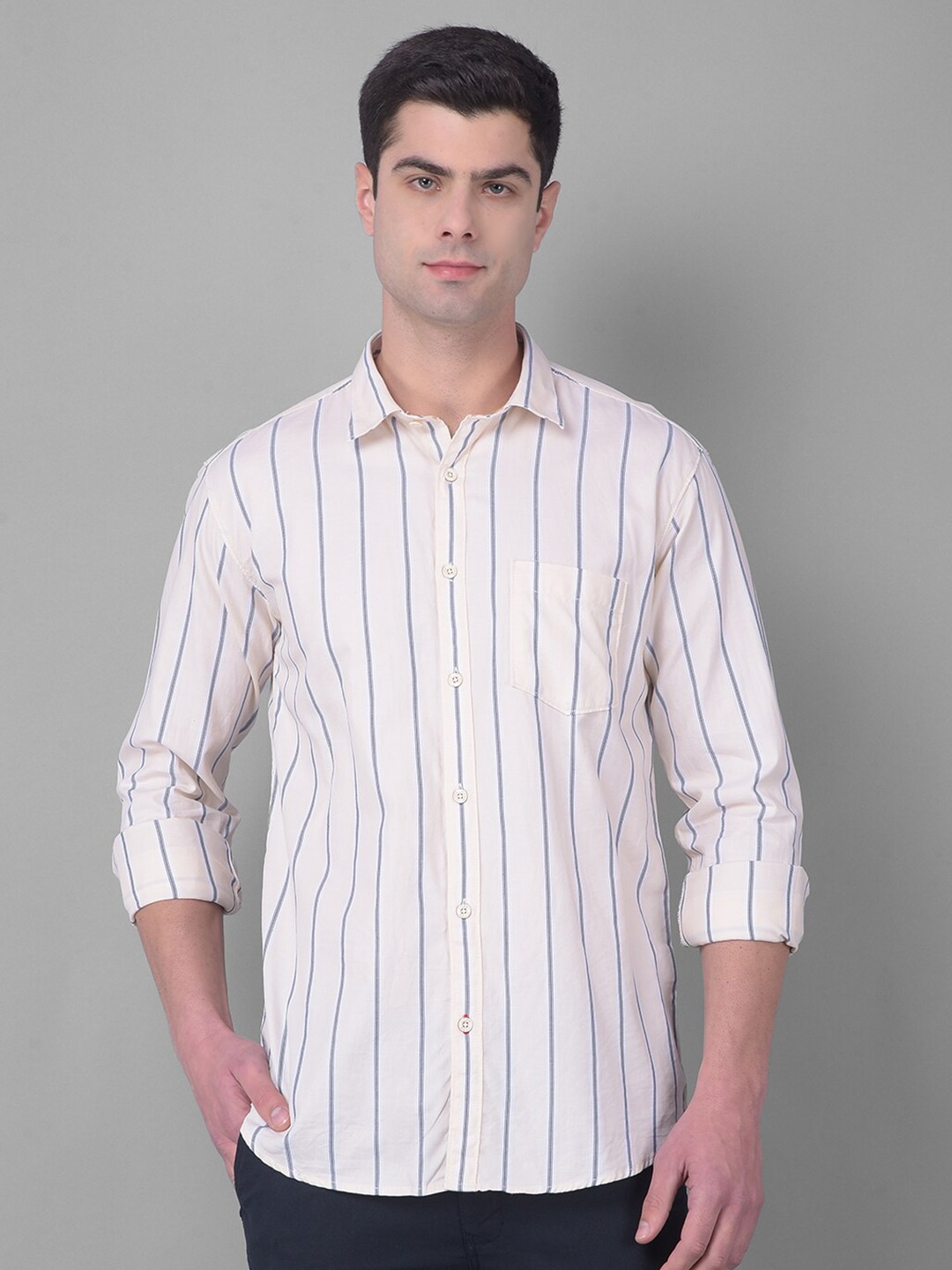 

COBB Slim Fit Striped Spread Collar Long Sleeves Shirt, Beige