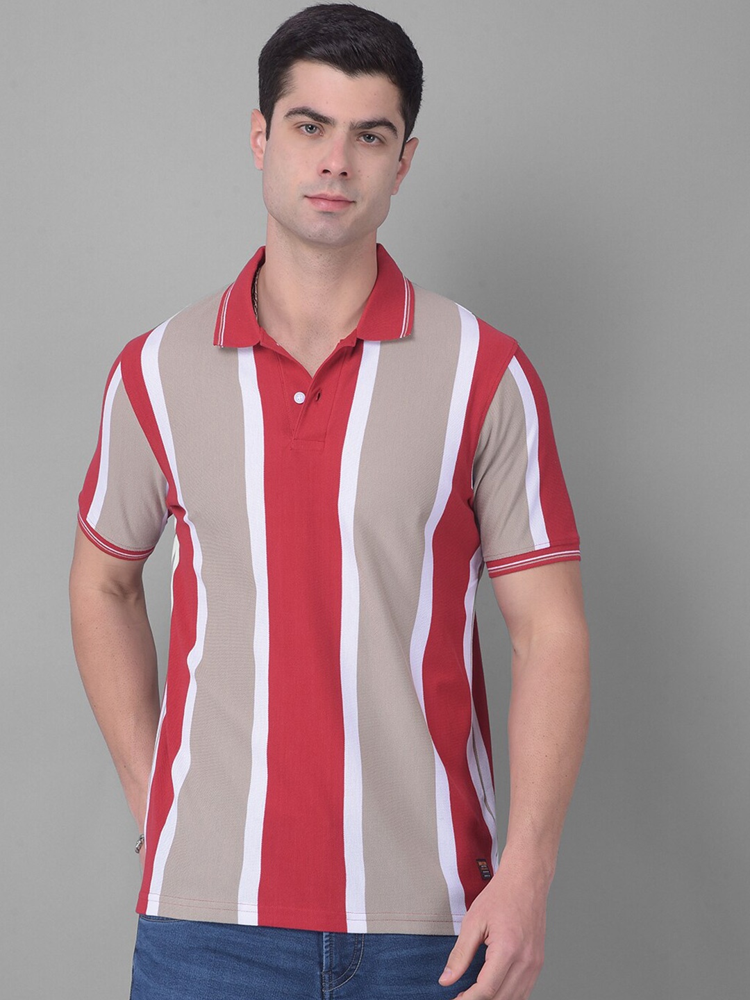 

COBB Striped Polo Collar Cotton T-shirt, Red