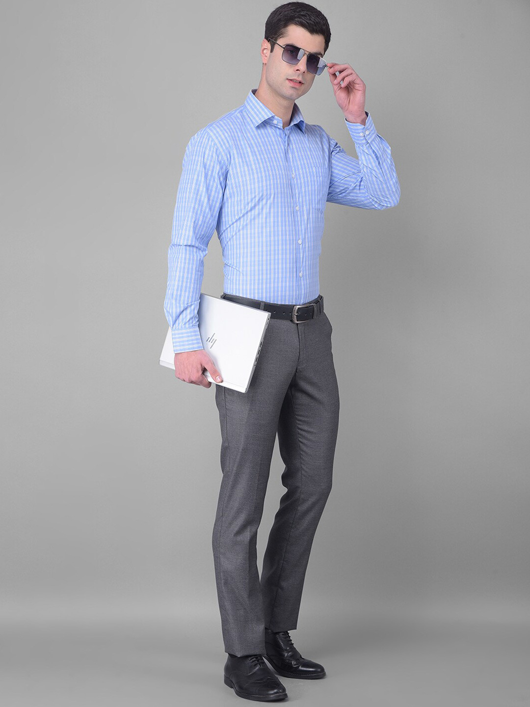 

COBB Grid Tattersall Checked Spread Collar Long Sleeves Formal Shirt, Blue