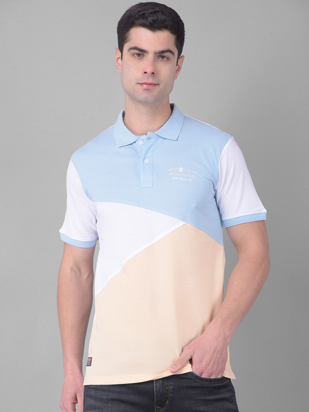

COBB Colourblocked Polo Collar Cototn T-shirt, Blue