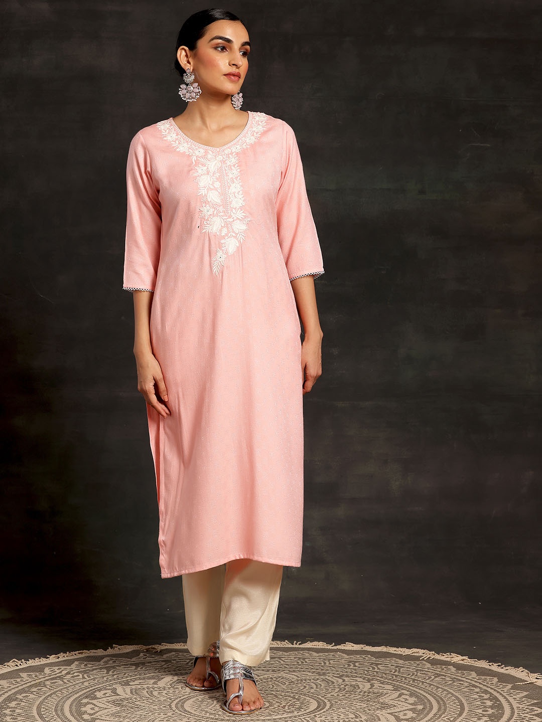

Libas Embroidered V Neck Three Quarter Sleeves Thread Work Dobby Kurta, Pink