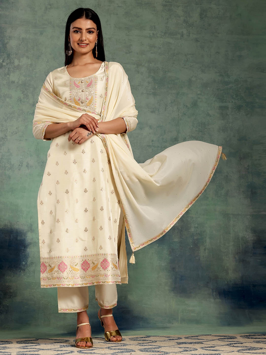 

Libas Regular Kurta with Palazzos & With Dupatta, Off white